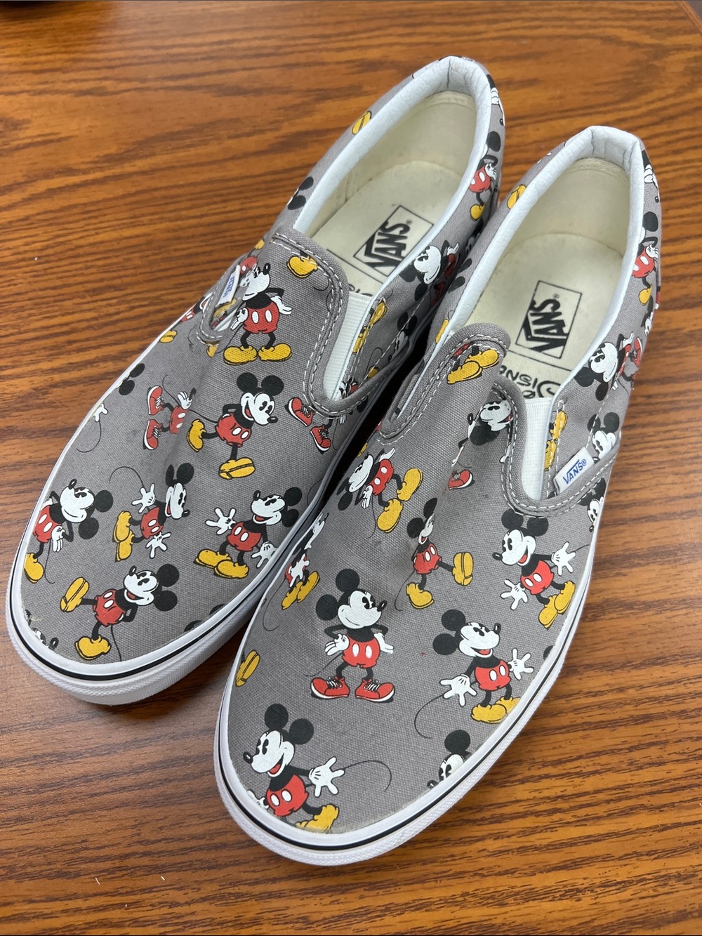 Vans Mickey Mouse Grey Slip-On Shoes with Red & Yellow Accents